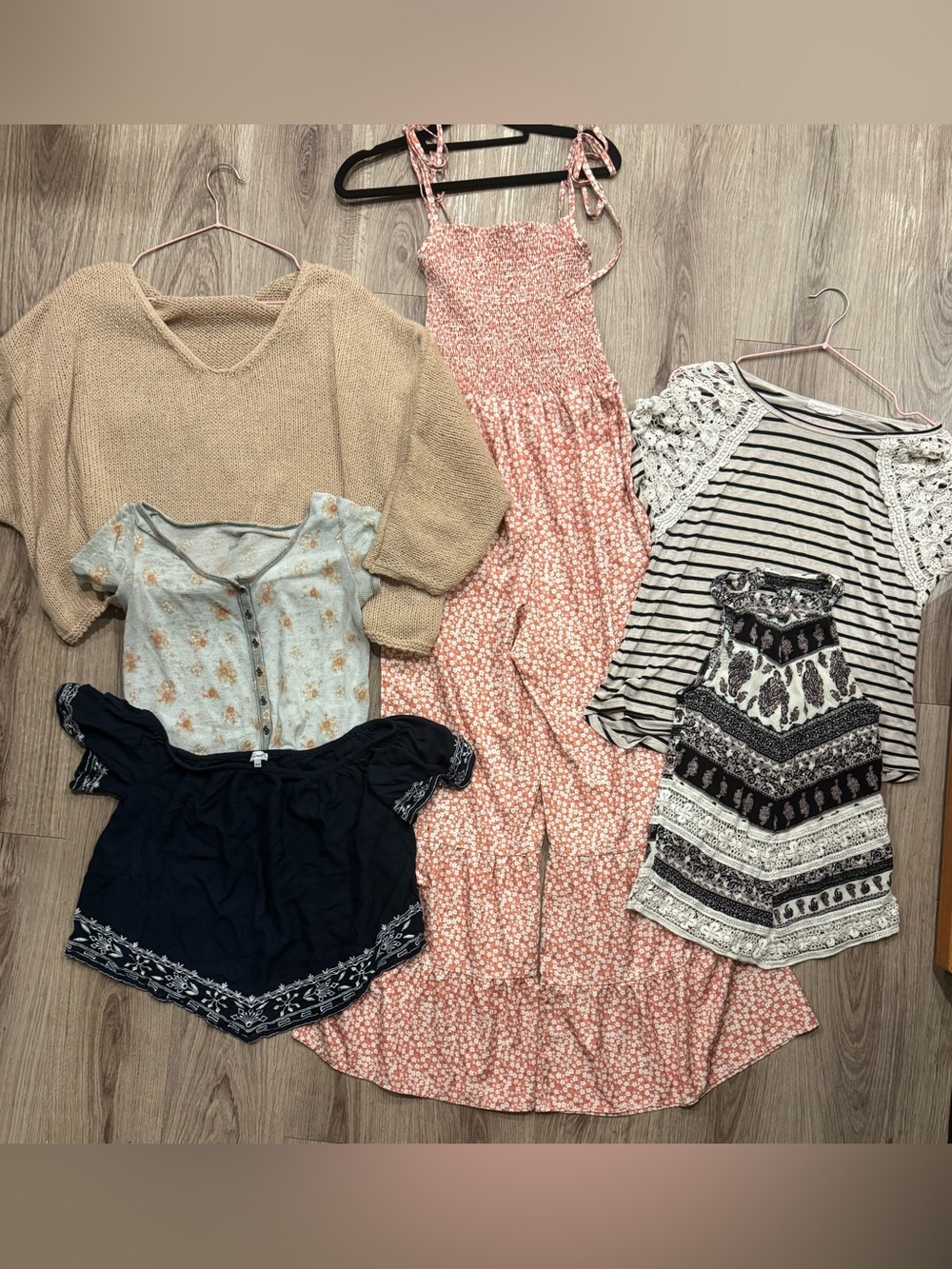 6pc Boho Clothing Bundle Sz M Floral Wide Leg Jumpsuit Crochet Tops AE
